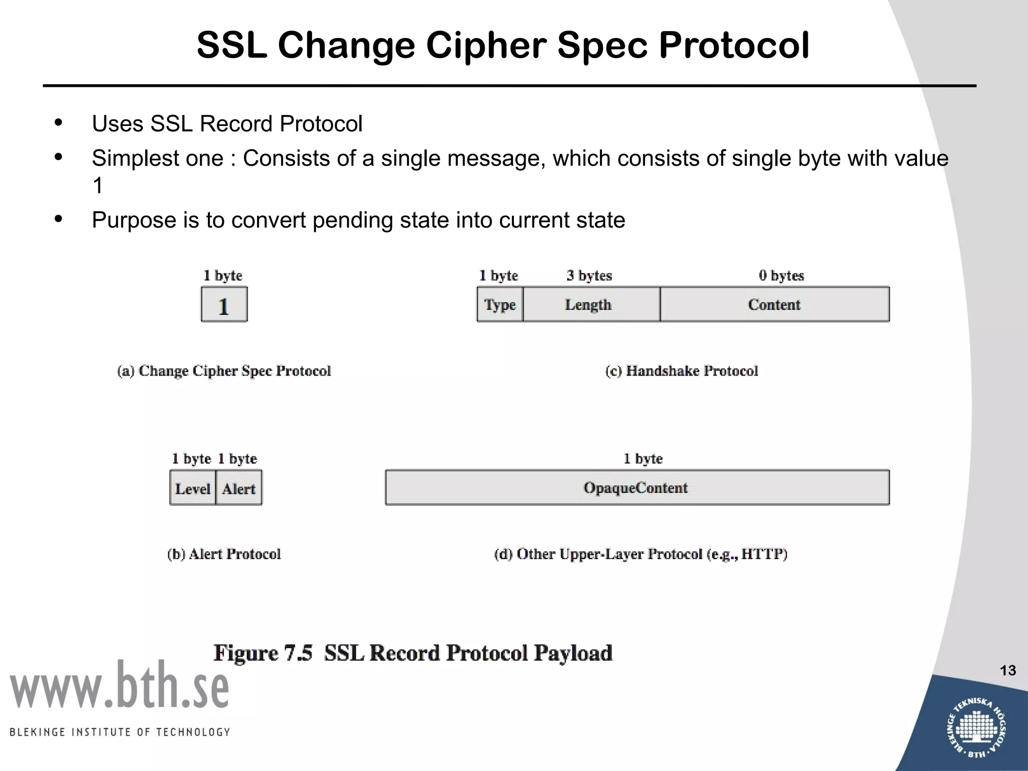 SSL Change Cipher Spec Protocol

•   Uses SSL Record Protocol
•   Simplest one : Consists of a single message, which consists of single byte with value
    1
•   Purpose is to convert pending state into current state




                                                                                            13
 