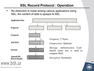 SSL Record Protocol : Operation
•   No distinction is made among various applications using
    SSL; the content of data is opaque to SSL




                                    Fragment: 214 bytes
                                    Compression: Optional
                                    Message Authentication Code:
                                    shared secret key is used to
                                    compute MAC
                                    Encryption: Symmetric
                                                                   10
 