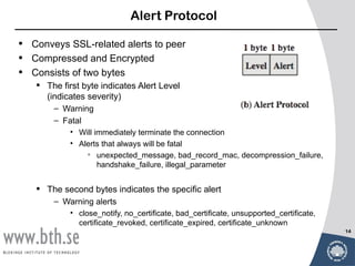 Alert Protocol

•   Conveys SSL-related alerts to peer
•   Compressed and Encrypted
•   Consists of two bytes
     The first byte indicates Alert Level
      (indicates severity)
        – Warning
        – Fatal
            • Will immediately terminate the connection
            • Alerts that always will be fatal
                 unexpected_message, bad_record_mac, decompression_failure,
                    handshake_failure, illegal_parameter


     The second bytes indicates the specific alert
        – Warning alerts
            • close_notify, no_certificate, bad_certificate, unsupported_certificate,
              certificate_revoked, certificate_expired, certificate_unknown
                                                                                        14
 