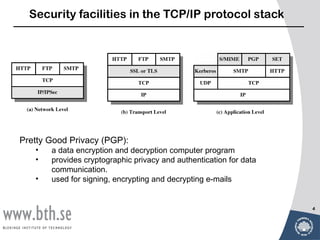 Security facilities in the TCP/IP protocol stack




Pretty Good Privacy (PGP):
   •   a data encryption and decryption computer program
   •   provides cryptographic privacy and authentication for data
       communication.
   •   used for signing, encrypting and decrypting e-mails


                                                                    4
 