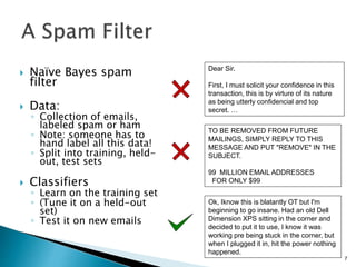  Naïve Bayes spam
filter
 Data:
◦ Collection of emails,
labeled spam or ham
◦ Note: someone has to
hand label all this data!
◦ Split into training, held-
out, test sets
 Classifiers
◦ Learn on the training set
◦ (Tune it on a held-out
set)
◦ Test it on new emails
Dear Sir.
First, I must solicit your confidence in this
transaction, this is by virture of its nature
as being utterly confidencial and top
secret. …
TO BE REMOVED FROM FUTURE
MAILINGS, SIMPLY REPLY TO THIS
MESSAGE AND PUT "REMOVE" IN THE
SUBJECT.
99 MILLION EMAIL ADDRESSES
FOR ONLY $99
Ok, Iknow this is blatantly OT but I'm
beginning to go insane. Had an old Dell
Dimension XPS sitting in the corner and
decided to put it to use, I know it was
working pre being stuck in the corner, but
when I plugged it in, hit the power nothing
happened.
7
 