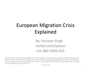 European Migration Crisis
Explained
By: Harveer Singh
twitter.com/iastoss
+91-880-2009-420
This PPT is for educational purpose only. The learner is expected to supplement the video lecture
with this ppt. The content is taken from various daily and weekly publications. Due care has been
taken in preparing the material but the tutor or superprofs would not be responsible for any error
or consequences arising out of it.
1Harveer Singh
 