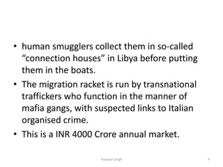 • human smugglers collect them in so-called
“connection houses” in Libya before putting
them in the boats.
• The migration racket is run by transnational
traffickers who function in the manner of
mafia gangs, with suspected links to Italian
organised crime.
• This is a INR 4000 Crore annual market.
4Harveer Singh
 
