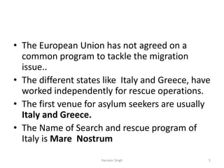 • The European Union has not agreed on a
common program to tackle the migration
issue..
• The different states like Italy and Greece, have
worked independently for rescue operations.
• The first venue for asylum seekers are usually
Italy and Greece.
• The Name of Search and rescue program of
Italy is Mare Nostrum
5Harveer Singh
 