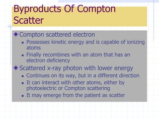 Byproducts Of Compton
Scatter
Compton scattered electron
 Possesses kinetic energy and is capable of ionizing
atoms
 Finally recombines with an atom that has an
electron deficiency
Scattered x-ray photon with lower energy
 Continues on its way, but in a different direction
 It can interact with other atoms, either by
photoelectric or Compton scattering
 It may emerge from the patient as scatter
 