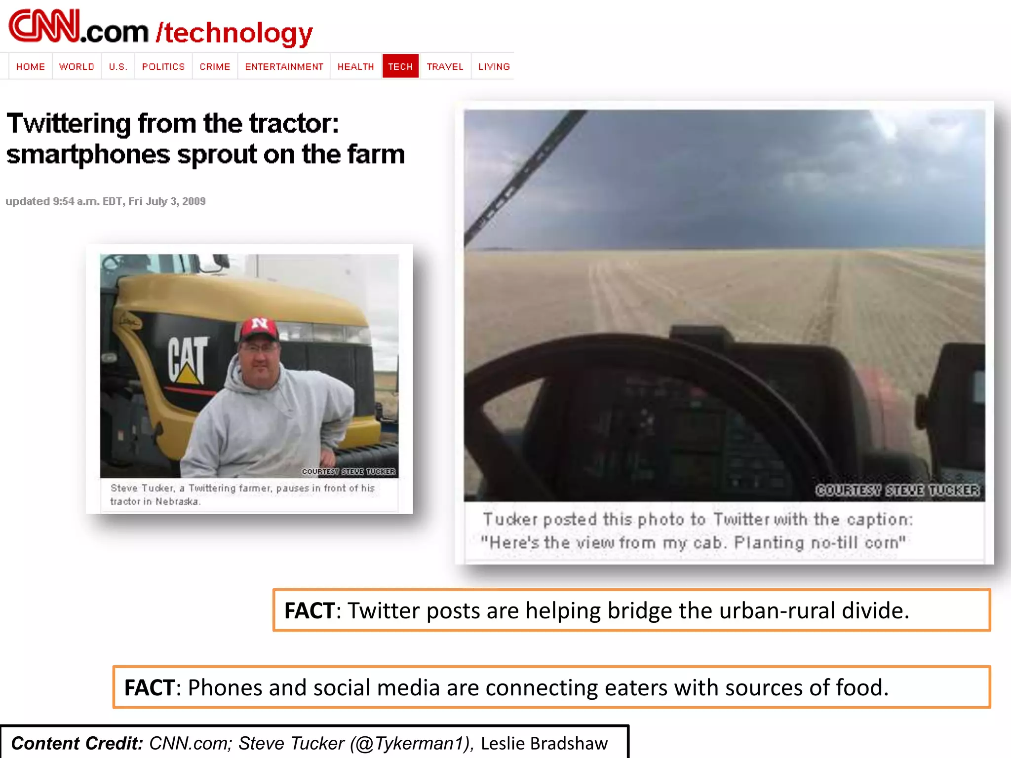FACT: Twitter posts are helping bridge the urban-rural divide.


            FACT: Phones and social media are connecting eaters with sources of food.

Content Credit: CNN.com; Steve Tucker (@Tykerman1), Leslie Bradshaw
 