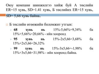 Оюу компани шинжилгээ хийж буй А төслийн
ER=15 хувь, SD=1.41 хувь, Б төслийнх ER=15 хувь,
SD= 5,66 хувь байна.


Б төслийн өгөөжийн боломжит утгын:
68
хувь
нь
15%-5,66%=9,34%
15%+5,66%=20,66% - ийн хооронд
 95
хувь
нь
15%-2х5,66=3,68%
15%+2х5,66=26,32%
 99
хувь
нь
15%-3х5,66=-1,98%
15%+3х5,66=31,98% - ийн хооронд байна.


ба
ба
ба

 