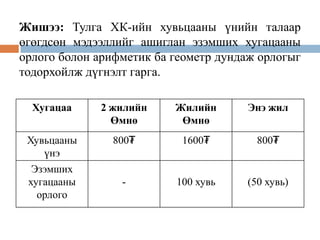 Жишээ: Тулга ХК-ийн хувьцааны үнийн талаар
өгөгдсөн мэдээллийг ашиглан эзэмших хугацааны
орлого болон арифметик ба геометр дундаж орлогыг
тодорхойлж дүгнэлт гарга.
Хугацаа

2 жилийн
Өмнө

Жилийн
Өмнө

Энэ жил

Хувьцааны
үнэ
Эзэмших
хугацааны
орлого

800₮

1600₮

800₮

-

100 хувь

(50 хувь)

 
