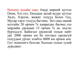 Номхон далайн савд Амур мөрний цутгал
Онон, Улз гол, Хятадын далай нуурт цутгах
Халх, Хэрлэн, жижиг голууд болох Гал,
Мухар зэрэг голууд багтана. Энэ савд манай
нутгийн 20 орчим % хамрагдах бөгөөд гол
мөрдийн урсацын 15 орчим % нь эндээс
бүрэлддэг. Байнгын урсацтай голын нийт
урт 2000 орчим км ба тогтмол урсацгүй
голуудын уртыг нэмбэл 8000 км орчим юм.
Гол төлөөлөгч болгож Халхын голын тухай
дурьдвал:

 