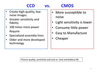 CCD vs. CMOS
• Create high-quality, low-
noise images.
• Greater sensitivity and
fidelity
• 100 times more power
Require
• Specialized assembly lines
• Older and more developed
technology
• More susceptible to
noise
• Light sensitivity is lower
• Consume little power
• Easy to Manufacture
• Cheaper
Picture quality, sensitivity and cost vs. Cost and battery life.
8
 