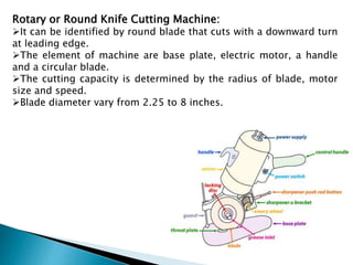 Rotary or Round Knife Cutting Machine:
It can be identified by round blade that cuts with a downward turn
at leading edge.
The element of machine are base plate, electric motor, a handle
and a circular blade.
The cutting capacity is determined by the radius of blade, motor
size and speed.
Blade diameter vary from 2.25 to 8 inches.
 