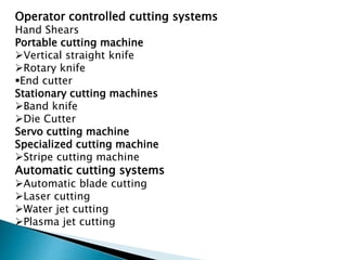 Operator controlled cutting systems
Hand Shears
Portable cutting machine
Vertical straight knife
Rotary knife
End cutter
Stationary cutting machines
Band knife
Die Cutter
Servo cutting machine
Specialized cutting machine
Stripe cutting machine
Automatic cutting systems
Automatic blade cutting
Laser cutting
Water jet cutting
Plasma jet cutting
 