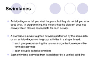 Swimlanes
 Activity diagrams tell you what happens, but they do not tell you who
does what. In programming, this means that the diagram does not
convey which class is responsible for each activity.
 A swimlane is a way to group activities performed by the same actor
on an activity diagram or to group activities in a single thread.
 each group representing the business organization responsible
for those activities
 each group is called a swimlane
 Each swimlane is divided from its neighbor by a vertical solid line
 