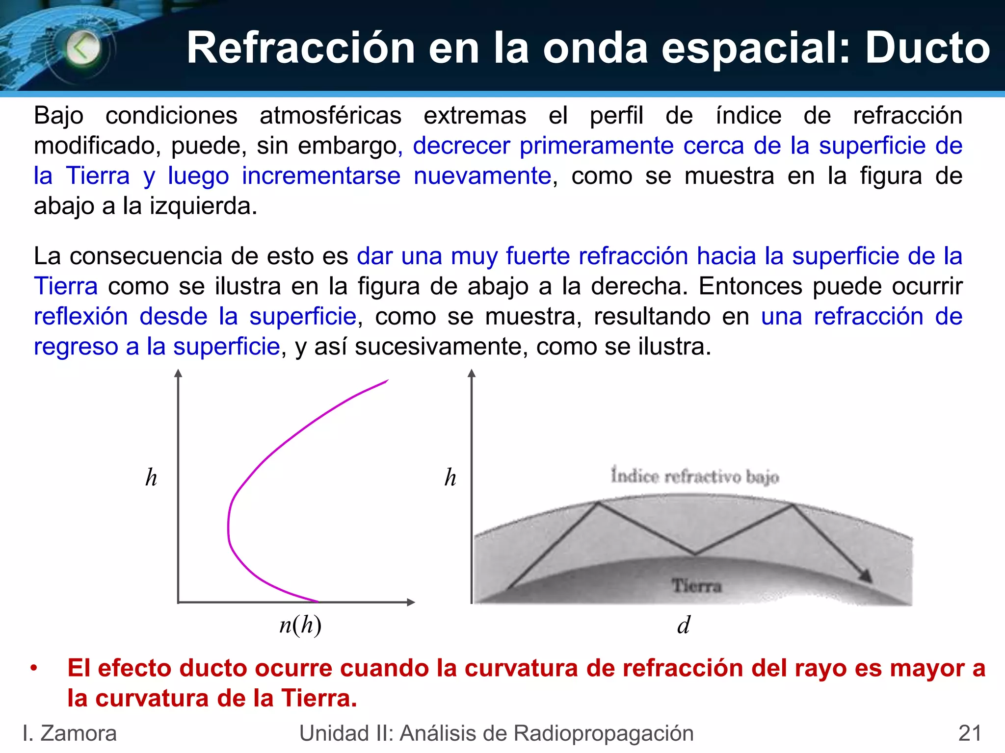 Refracción en la onda espacial: Ducto
Bajo condiciones atmosféricas extremas el perfil de índice de refracción
modificado, puede, sin embargo, decrecer primeramente cerca de la superficie de
la Tierra y luego incrementarse nuevamente, como se muestra en la figura de
abajo a la izquierda.
La consecuencia de esto es dar una muy fuerte refracción hacia la superficie de la
Tierra como se ilustra en la figura de abajo a la derecha. Entonces puede ocurrir
reflexión desde la superficie, como se muestra, resultando en una refracción de
regreso a la superficie, y así sucesivamente, como se ilustra.
21I. Zamora Unidad II: Análisis de Radiopropagación
h
)(hn
h
d
• El efecto ducto ocurre cuando la curvatura de refracción del rayo es mayor a
la curvatura de la Tierra.
 