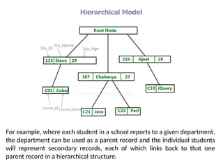For example, where each student in a school reports to a given department,
the department can be used as a parent record and the individual students
will represent secondary records, each of which links back to that one
parent record in a hierarchical structure.
 