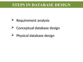  Requirement analysis
 Conceptual database design
 Physical database design
STEPS IN DATABASE DESIGN
 