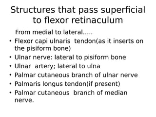 From medial to lateral…..
• Flexor capi ulnaris tendon(as it inserts on
the pisiform bone)
• Ulnar nerve: lateral to pisiform bone
• Ulnar artery; lateral to ulna
• Palmar cutaneous branch of ulnar nerve
• Palmaris longus tendon(if present)
• Palmar cutaneous branch of median
nerve.
Structures that pass superficial
to flexor retinaculum
 
