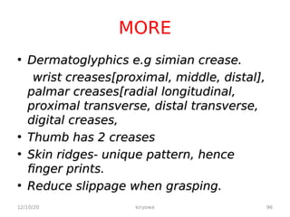 MORE
• Dermatoglyphics e.g simian crease.
Dermatoglyphics e.g simian crease.
wrist creases[proximal, middle, distal],
wrist creases[proximal, middle, distal],
palmar creases[radial longitudinal,
palmar creases[radial longitudinal,
proximal transverse, distal transverse,
proximal transverse, distal transverse,
digital creases,
digital creases,
• Thumb has 2 creases
Thumb has 2 creases
• Skin ridges- unique pattern, hence
Skin ridges- unique pattern, hence
finger prints.
finger prints.
• Reduce slippage when grasping.
Reduce slippage when grasping.
12/10/20 96
kiryowa
 