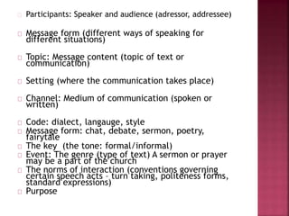 Participants: Speaker and audience (adressor, addressee)
Message form (different ways of speaking for
different situations)
Topic: Message content (topic of text or
communication)
Setting (where the communication takes place)
Channel: Medium of communication (spoken or
written)
Code: dialect, langauge, style
Message form: chat, debate, sermon, poetry,
fairytale
The key (the tone: formal/informal)
Event: The genre (type of text) A sermon or prayer
may be a part of the church
The norms of interaction (conventions governing
certain speech acts – turn taking, politeness forms,
standard expressions)
Purpose
 