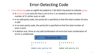Error-Detecting Code
• Error-Detecting uses an eighth bit (added to 7-bit ASCII character) to indicate parity.
 A parity ...