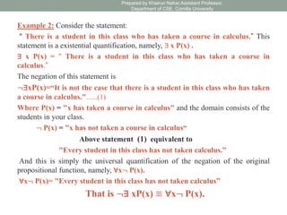 Example 2: Consider the statement:
" There is a student in this class who has taken a course in calculus.” This
statement is a existential quantification, namely, ∃ x P(x) .
∃ x P(x) = " There is a student in this class who has taken a course in
calculus.”
The negation of this statement is
¬∃xP(x)=“It is not the case that there is a student in this class who has taken
a course in calculus."…..(1)
Where P(x) = "x has taken a course in calculus" and the domain consists of the
students in your class.
¬ P(x) = "x has not taken a course in calculus“
Above statement (1) equivalent to
"Every student in this class has not taken calculus.”
And this is simply the universal quantification of the negation of the original
propositional function, namely, ∀x¬ P(x).
∀x¬ P(x)= "Every student in this class has not taken calculus”
That is ¬∃ xP(x) ≡ ∀x¬ P(x).
Prepared by Khairun Nahar,Assistant Professor,
Department of CSE, Comilla University
 