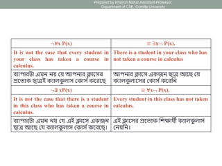 ¬∀x P(x) ≡ ∃𝐱¬ P(x).
It is not the case that every student in
your class has taken a course in
calculus.
There is a student in your class who has
not taken a course in calculus
ব্যাপারটা এমন নয় যে আপনার ক্লাসের
প্রসযযক ছাত্রই কযালক
ু লাে যকাে সকসরসছ
আপনার ক্লাসে একজন ছাত্র আসছ যে
কযালক
ু লাসের যকাে সকসরনন
¬∃ xP(x) ≡ ∀x¬ P(x).
It is not the case that there is a student
in this class who has taken a course in
calculus.
Every student in this class has not taken
calculus.
ব্যাপারটা এমন নয় যে এই ক্লাসে একজন
ছাত্র আসছ যে কযালক
ু লাে যকাে সকসরসছ।
এই ক্লাসের প্রসযযক নিক্ষার্থী কযালক
ু লাে
যনয়নন।
Prepared by Khairun Nahar,Assistant Professor,
Department of CSE, Comilla University
 