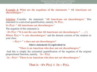 Example 4: What are the negations of the statements " All Americans eat
cheeseburgers " .
Solution: Consider the statement: "All Americans eat cheeseburgers.” This
statement is a universal quantification, namely, ∀x P(x) .
∀x P(x)= " All Americans eat cheeseburgers.”
The negation of this statement is
¬∀x P(x) ="It is not the case that All Americans eat cheeseburgers.” …..(1)
Where P(x) = “x eats cheeseburgers” and the domain consists of the students in
your class.
¬ P(x) = " x does not eat cheeseburgers“
Above statement (1) equivalent to
"There is an American who does not eat cheeseburgers.”
And this is simply the existential quantification of the negation of the original
propositional function, namely, ∃𝐱¬ P(x).
∃𝐱¬ P(x)= "There is an American who does not eat cheeseburgers.”
That is ¬∀x P(x) ≡ ∃𝐱¬ P(x).
Prepared by Khairun Nahar,Assistant Professor,
Department of CSE, Comilla University
 