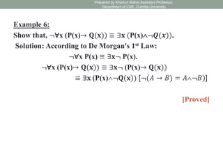 Example 6:
Show that, ¬∀x (P(x)→ 𝐐(𝐱)) ≡ ∃𝐱 (P(x)¬𝑸(𝒙)).
Solution: According to De Morgan's 1st Law:
¬∀x P(x) ≡ ∃𝐱¬ P(x).
¬∀x (P(x)→ 𝐐(𝐱)) ≡ ∃𝐱¬ (P(x)→ 𝐐(𝐱))
≡ ∃𝐱 (P(x)¬𝐐(𝐱)) [¬(𝐴 → 𝐵) = 𝐴¬𝐵)]
[Proved]
Prepared by Khairun Nahar,Assistant Professor,
Department of CSE, Comilla University
 