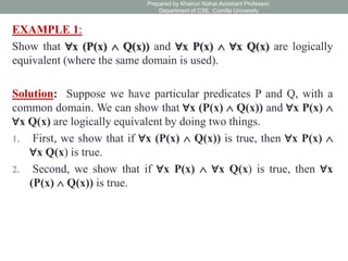 EXAMPLE 1:
Show that ∀x (P(x)  Q(x)) and ∀x P(x)  ∀x Q(x) are logically
equivalent (where the same domain is used).
Solution: Suppose we have particular predicates P and Q, with a
common domain. We can show that ∀x (P(x)  Q(x)) and ∀x P(x) 
∀x Q(x) are logically equivalent by doing two things.
1. First, we show that if ∀x (P(x)  Q(x)) is true, then ∀x P(x) 
∀x Q(x) is true.
2. Second, we show that if ∀x P(x)  ∀x Q(x) is true, then ∀x
(P(x)  Q(x)) is true.
Prepared by Khairun Nahar,Assistant Professor,
Department of CSE, Comilla University
 