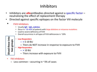 Inhibitors 
• Inhibitors 
are 
alloan<bodies 
directed 
against 
a 
specific 
factor 
– 
neutralizing 
the 
effect 
of 
replacement 
therapy 
• Directed 
against 
specific 
epitopes 
on 
the 
factor 
VIII 
molecule 
• 
FVIII 
Inhibitors 
• Usually 
IgG 
– 
IgG4 
subclass 
• Occur 
in 
~30-­‐40% 
of 
pa<ents 
with 
large 
dele3ons 
or 
missense 
muta3ons 
• Lead 
to 
severe 
deficiency 
of 
FVIII 
• Overall 
occurrence 
in 
all 
types 
of 
FVIII 
deficiencies 
is 
~20% 
• Low 
Responders 
– < 
5-­‐10 
BU 
– Titers 
do 
NOT 
increase 
in 
response 
to 
exposure 
to 
FVIII 
• High 
Responders 
– > 
10 
BU 
– Titers 
increase 
with 
exposure 
to 
FVIII 
• FIX 
Inhibitors 
– Less 
common 
– 
occurring 
in 
~3% 
of 
cases 
Dived 
these 
into 
two 
groups 
 