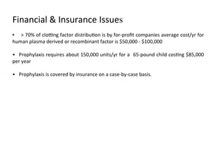 Financial 
& 
Insurance 
Issues 
• > 
70% 
of 
cloZng 
factor 
distribu<on 
is 
by 
for-­‐profit 
companies 
average 
cost/yr 
for 
human 
plasma 
derived 
or 
recombinant 
factor 
is 
$50,000 
-­‐ 
$100,000 
• 
Prophylaxis 
requires 
about 
150,000 
units/yr 
for 
a 
65-­‐pound 
child 
cos<ng 
$85,000 
per 
year 
• 
Prophylaxis 
is 
covered 
by 
insurance 
on 
a 
case-­‐by-­‐case 
basis. 
 