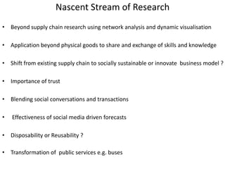 Nascent Stream of Research
• Beyond supply chain research using network analysis and dynamic visualisation

• Application beyond physical goods to share and exchange of skills and knowledge

• Shift from existing supply chain to socially sustainable or innovate business model ?

• Importance of trust

• Blending social conversations and transactions

•   Effectiveness of social media driven forecasts

• Disposability or Reusability ?

• Transformation of public services e.g. buses
 