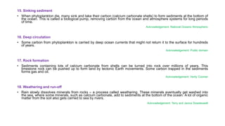 15. Sinking sediment
• When phytoplankton die, many sink and take their carbon (calcium carbonate shells) to form sediments at the bottom of
the ocean. This is called a biological pump, removing carbon from the ocean and atmosphere systems for long periods
of time.
Acknowledgement: National Oceanic Atmospheric
16. Deep circulation
• Some carbon from phytoplankton is carried by deep ocean currents that might not return it to the surface for hundreds
of years.
Acknowledgement: Public domain
17. Rock formation
• Sediments containing lots of calcium carbonate from shells can be turned into rock over millions of years. This
limestone rock can be pushed up to form land by tectonic Earth movements. Some carbon trapped in the sediments
forms gas and oil.
Acknowledgement: Verity Coomer
18. Weathering and run-off
• Rain slowly dissolves minerals from rocks – a process called weathering. These minerals eventually get washed into
the sea, where some minerals, such as calcium carbonate, add to sediments at the bottom of the ocean. A lot of organic
matter from the soil also gets carried to sea by rivers.
Acknowledgement: Terry and Janice Dowdeswell
 