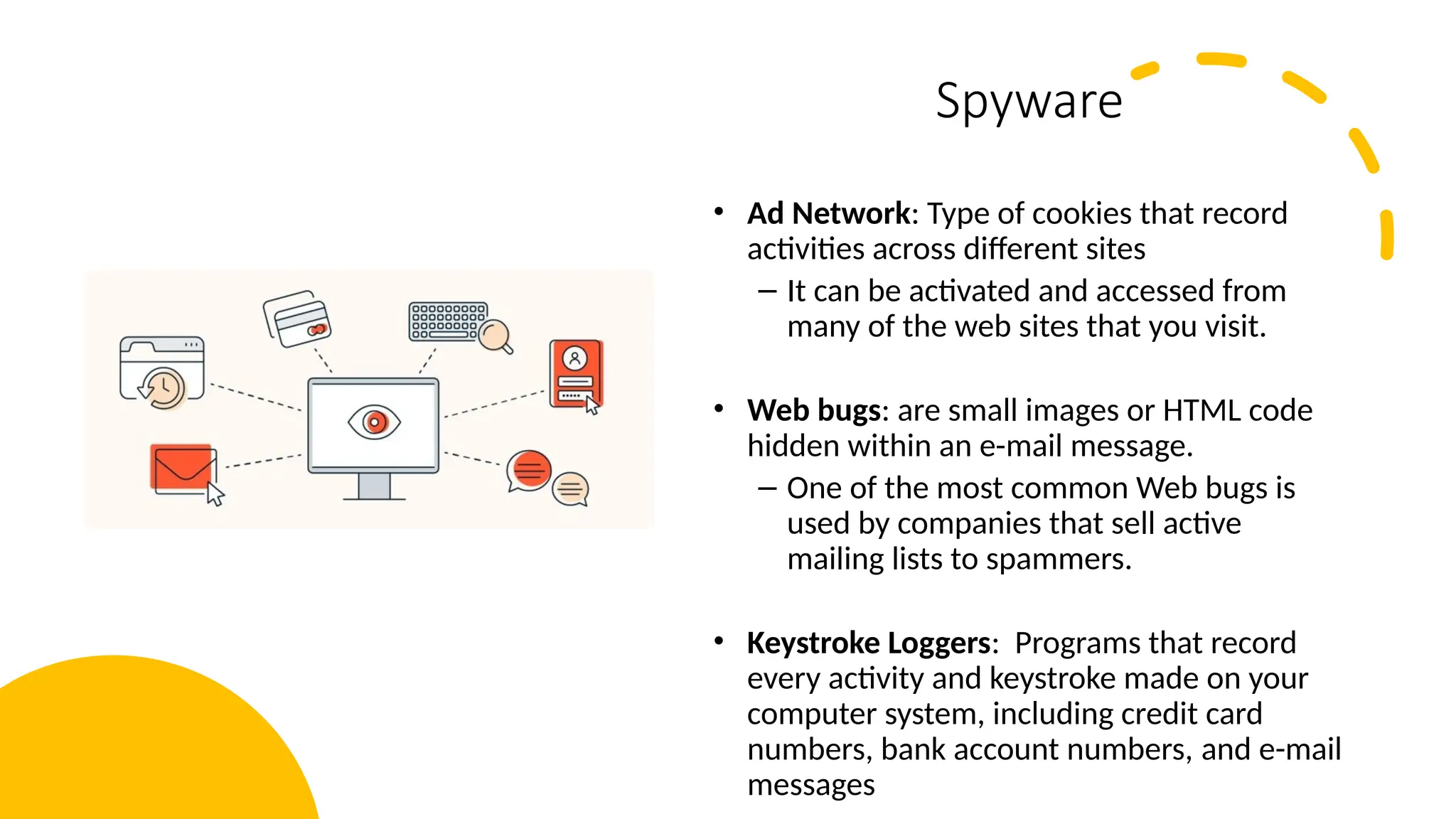12
Spyware
• Ad Network: Type of cookies that record
activities across different sites
– It can be activated and accessed from
many of the web sites that you visit.
• Web bugs: are small images or HTML code
hidden within an e-mail message.
– One of the most common Web bugs is
used by companies that sell active
mailing lists to spammers.
• Keystroke Loggers: Programs that record
every activity and keystroke made on your
computer system, including credit card
numbers, bank account numbers, and e-mail
messages
 