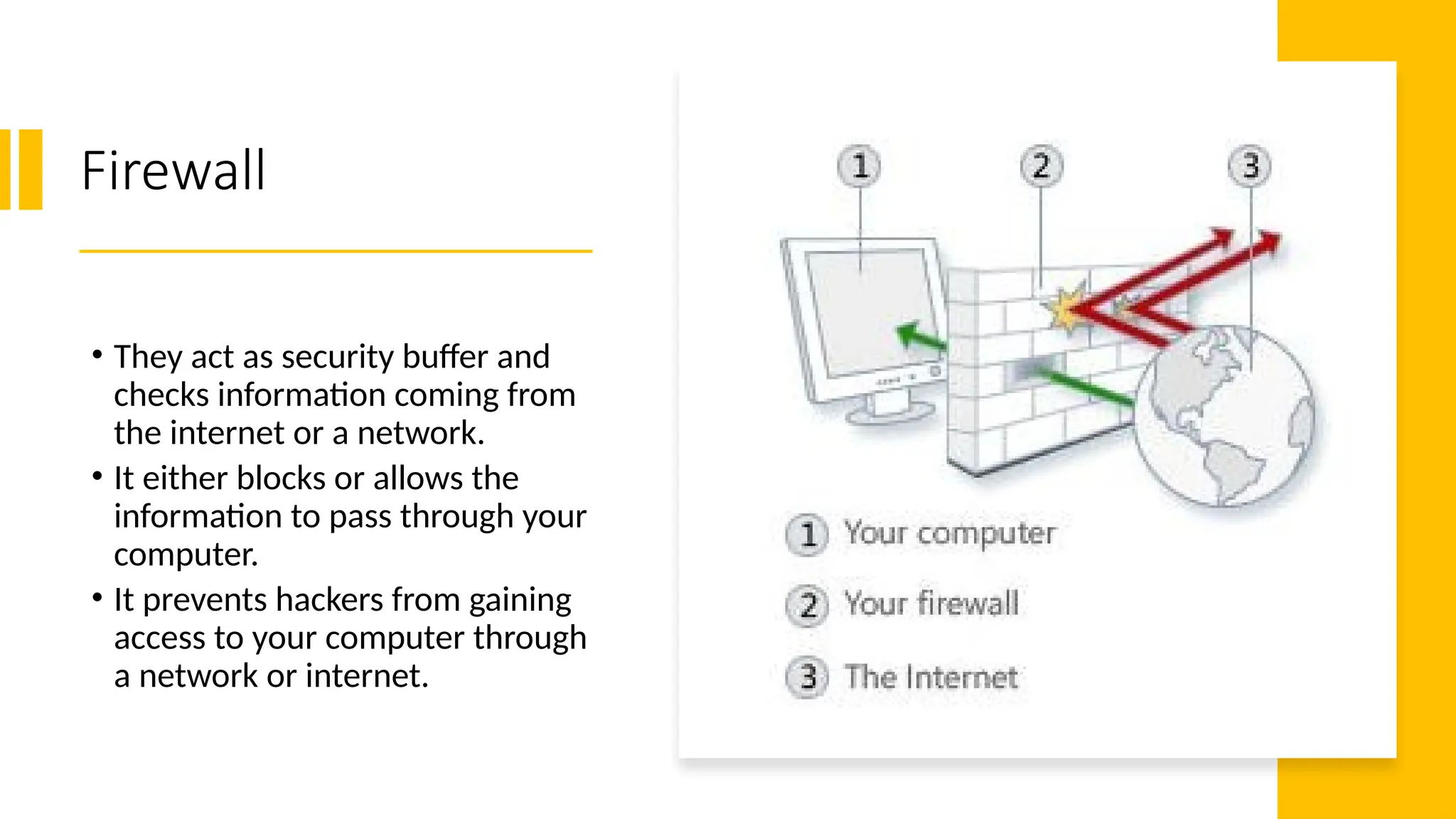 24
Firewall
• They act as security buffer and
checks information coming from
the internet or a network.
• It either blocks or allows the
information to pass through your
computer.
• It prevents hackers from gaining
access to your computer through
a network or internet.
 