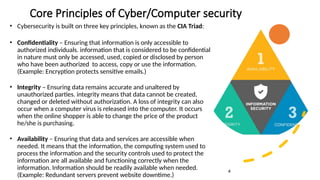 Core Principles of Cyber/Computer security
• Cybersecurity is built on three key principles, known as the CIA Triad:
• Confidentiality – Ensuring that information is only accessible to
authorized individuals. information that is considered to be confidential
in nature must only be accessed, used, copied or disclosed by person
who have been authorized to access, copy or use the information.
(Example: Encryption protects sensitive emails.)
• Integrity – Ensuring data remains accurate and unaltered by
unauthorized parties. integrity means that data cannot be created,
changed or deleted without authorization. A loss of integrity can also
occur when a computer virus is released into the computer. It occurs
when the online shopper is able to change the price of the product
he/she is purchasing.
• Availability – Ensuring that data and services are accessible when
needed. It means that the information, the computing system used to
process the information and the security controls used to protect the
information are all available and functioning correctly when the
information. Information should be readily available when needed.
(Example: Redundant servers prevent website downtime.)
4
 