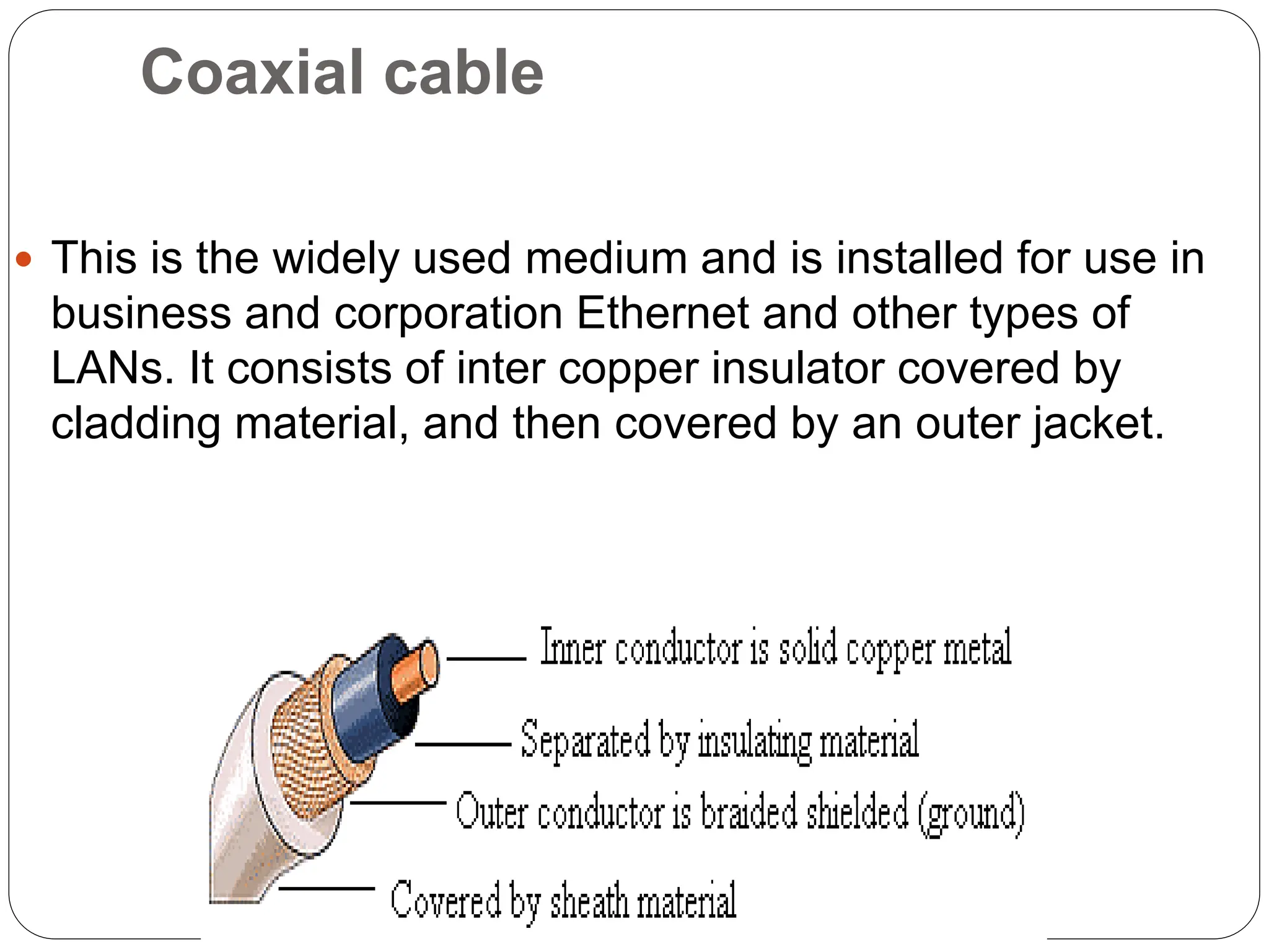 Coaxial cable
 This is the widely used medium and is installed for use in
business and corporation Ethernet and other types of
LANs. It consists of inter copper insulator covered by
cladding material, and then covered by an outer jacket.
 