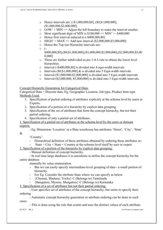 Unit II - DATA WAREHOUSING AND DATA MINING -CA5010 21
KLNCIT – MCA For Private Circulation only
o Hence intervals are: (-$1,000,000,$0], ($0,$1,000,000],
($1,000,000,$2,000,000]
o LOW’ < MIN => Adjust the left boundary to make the interval smaller.
o Most significant digit of MIN is $100,000 => MIN’ = -$400,000
o Hence first interval reduced to (-$400,000,$0]
o HIGH’ < MAX => Add new interval ($2,000,000,$5,000,000]
o Hence the Top tier Hierarchy intervals are:
o (-
$400,000,$0],($0,$1,000,000],($1,000,000,$2,000,000],($2,000,000,$5,00
0,000]
o These are further subdivided as per 3-4-5 rule to obtain the lower level
hierarchies.
o Interval (-$400,000,$0] is divided into 4 equi-width intervals
o Intervals ($0,$1,000,000] & is divided into 5 Equi-width intervals
o Interval ($1,000,000,$2,000,000] is divided into 5 Equi-width intervals
o Interval ($2,000,000, $5,000,000] is divided into 3 Equi-width intervals.
Concept Hierarchy Generation for Categorical Data:
Categorical Data = Discrete data; Eg. Geographic Location, Job type, Product Item type
Methods Used:
1. Specification of partial ordering of attributes explicitly at the schema level by users or
Experts.
2. Specification of a portion of a hierarchy by explicit data grouping.
3. Specification of the set of attributes that form the concept hierarchy, but not their
partial ordering.
4. Specification of only a partial set of attributes.
1. Specification of a partial set of attributes at the schema level by the users or domain
experts:
- Eg. Dimension ‘Location’ in a Data warehouse has attributes ‘Street’, ‘City’, ‘State’
&
‘Country’.
- Hierarchical definition of these attributes obtained by ordering these attributes as:
- State < City < State < Country at the schema level itself by user or expert.
2. Specification of a portion of the hierarchy by explicit data grouping:
- Manual definition of concept hierarchy.
- In real time large databases it is unrealistic to define the concept hierarchy for the
entire database
manually by value enumeration.
- But we can easily specify intermediate-level grouping of data - a small portion of
hierarchy.
- For Eg. Consider the sttribute State where we can specify as below:
- {Chennai, Madurai, Trichy} C (Belongs to) Tamilnadu
- {Bangalore, Mysore, Mangalore} C (Belongs to) Karnataka
3. Specification of a set of attributes but not their partial ordering:
- User specifies set of attributes of the concept hierarchy; but omits to specify their
ordering
- Automatic concept hierarchy generation or attribute ordering can be done in such
cases.
- This is done using the rule that counts and uses the distinct values of each attribute.
 