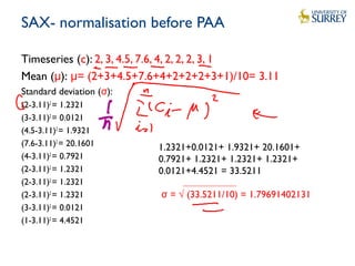 SAX- normalisation before PAA
Timeseries (c): 2, 3, 4.5, 7.6, 4, 2, 2, 2, 3, 1
Mean (μ): =μ (2+3+4.5+7.6+4+2+2+2+3+1)/10= ...