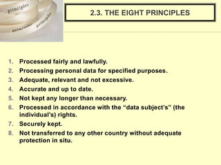 2.3. THE EIGHT PRINCIPLES
1. Processed fairly and lawfully.
2. Processing personal data for specified purposes.
3. Adequate, relevant and not excessive.
4. Accurate and up to date.
5. Not kept any longer than necessary.
6. Processed in accordance with the “data subject’s” (the
individual’s) rights.
7. Securely kept.
8. Not transferred to any other country without adequate
protection in situ.
 