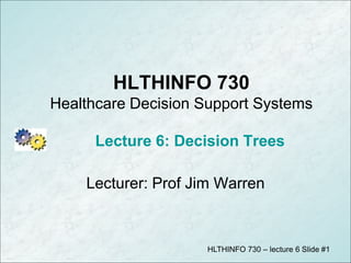 HLTHINFO 730 – lecture 6 Slide #1
HLTHINFO 730
Healthcare Decision Support Systems
Lecture 6: Decision Trees
Lecturer: Prof Jim Warren
 