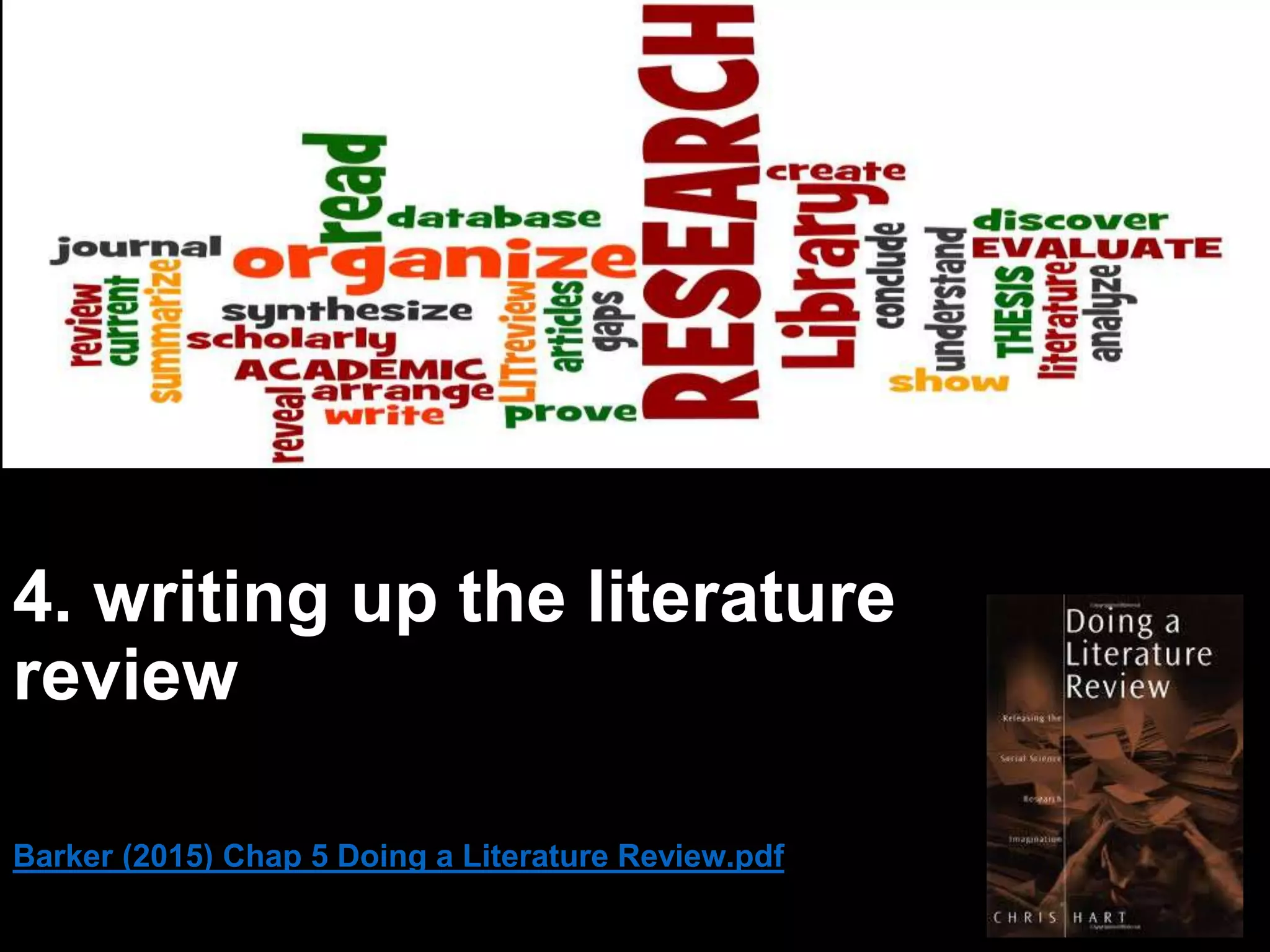 4. writing up the literature 
review 
Barker (2015) Chap 5 Doing a Literature Review.pdf 
 