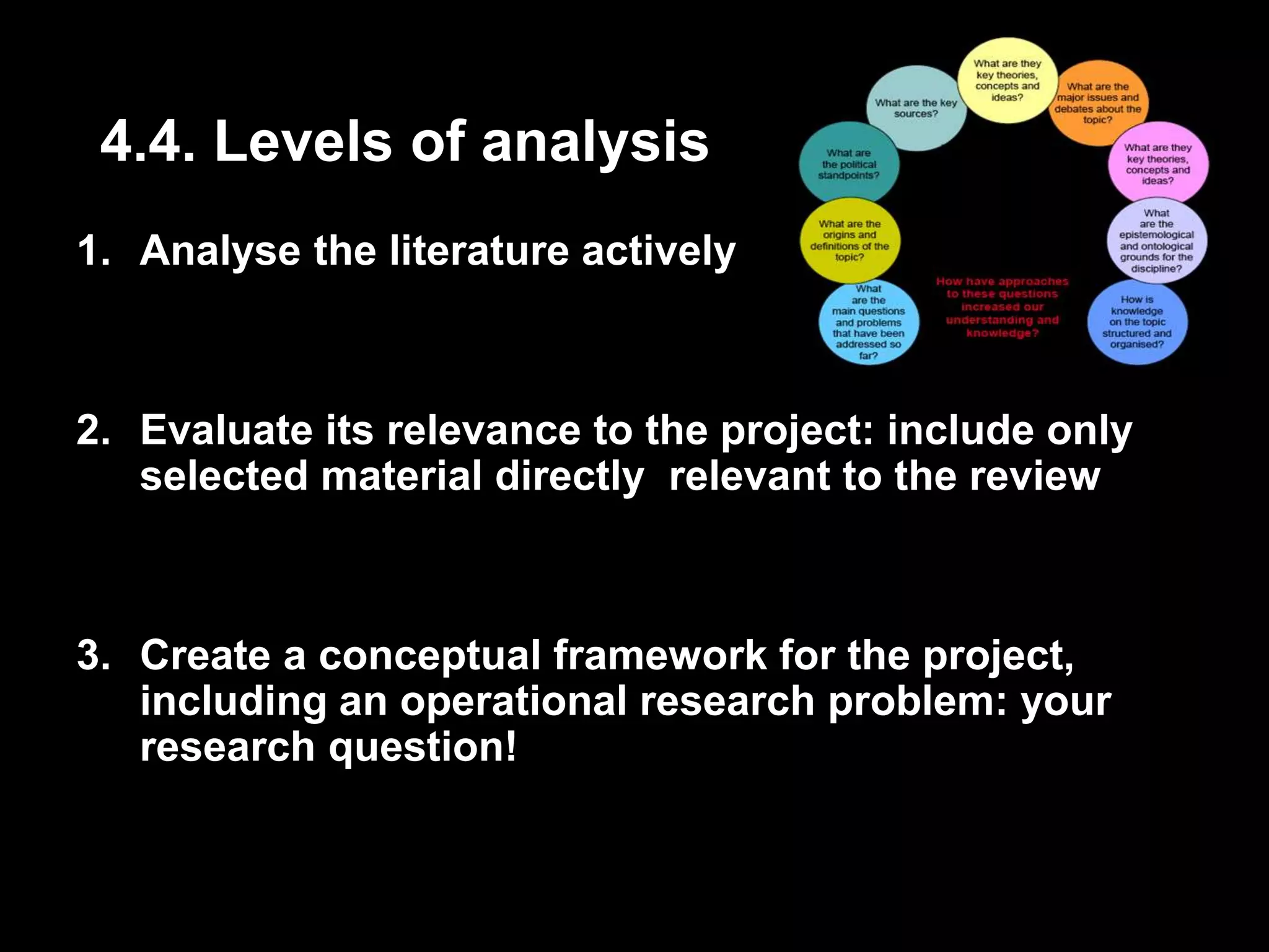 4.4. Levels of analysis 
1. Analyse the literature actively 
2. Evaluate its relevance to the project: include only 
selected material directly relevant to the review 
3. Create a conceptual framework for the project, 
including an operational research problem: your 
research question! 
 