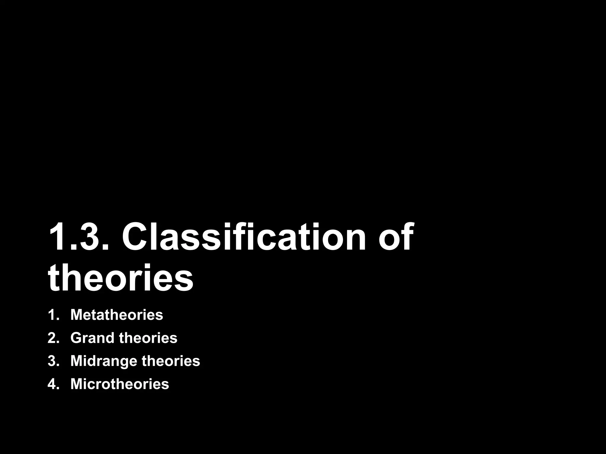 1.3. Classification of 
theories 
1. Metatheories 
2. Grand theories 
3. Midrange theories 
4. Microtheories 
 