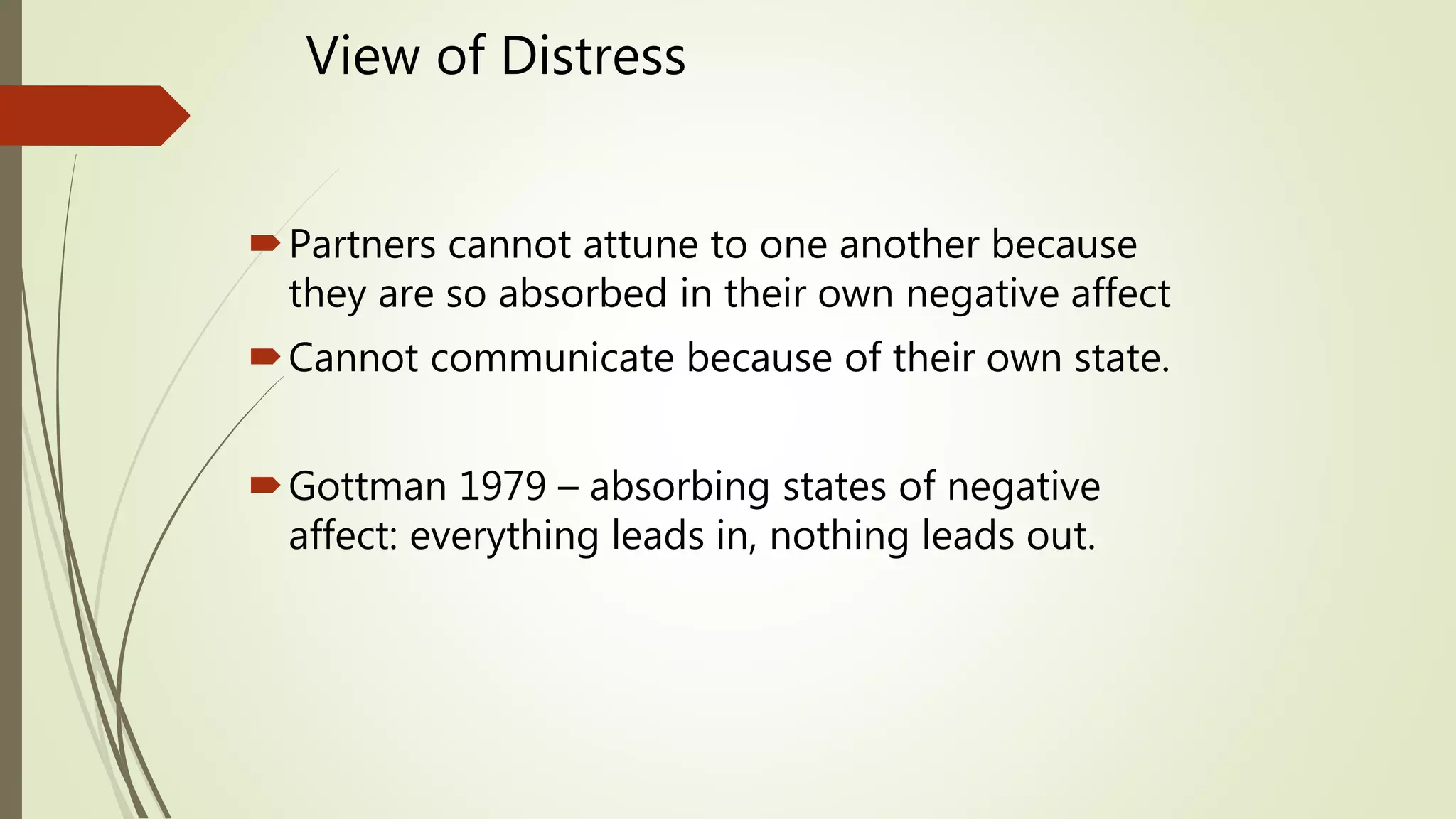 View of Distress
Partners cannot attune to one another because
they are so absorbed in their own negative affect
Cannot communicate because of their own state.
Gottman 1979 – absorbing states of negative
affect: everything leads in, nothing leads out.
 