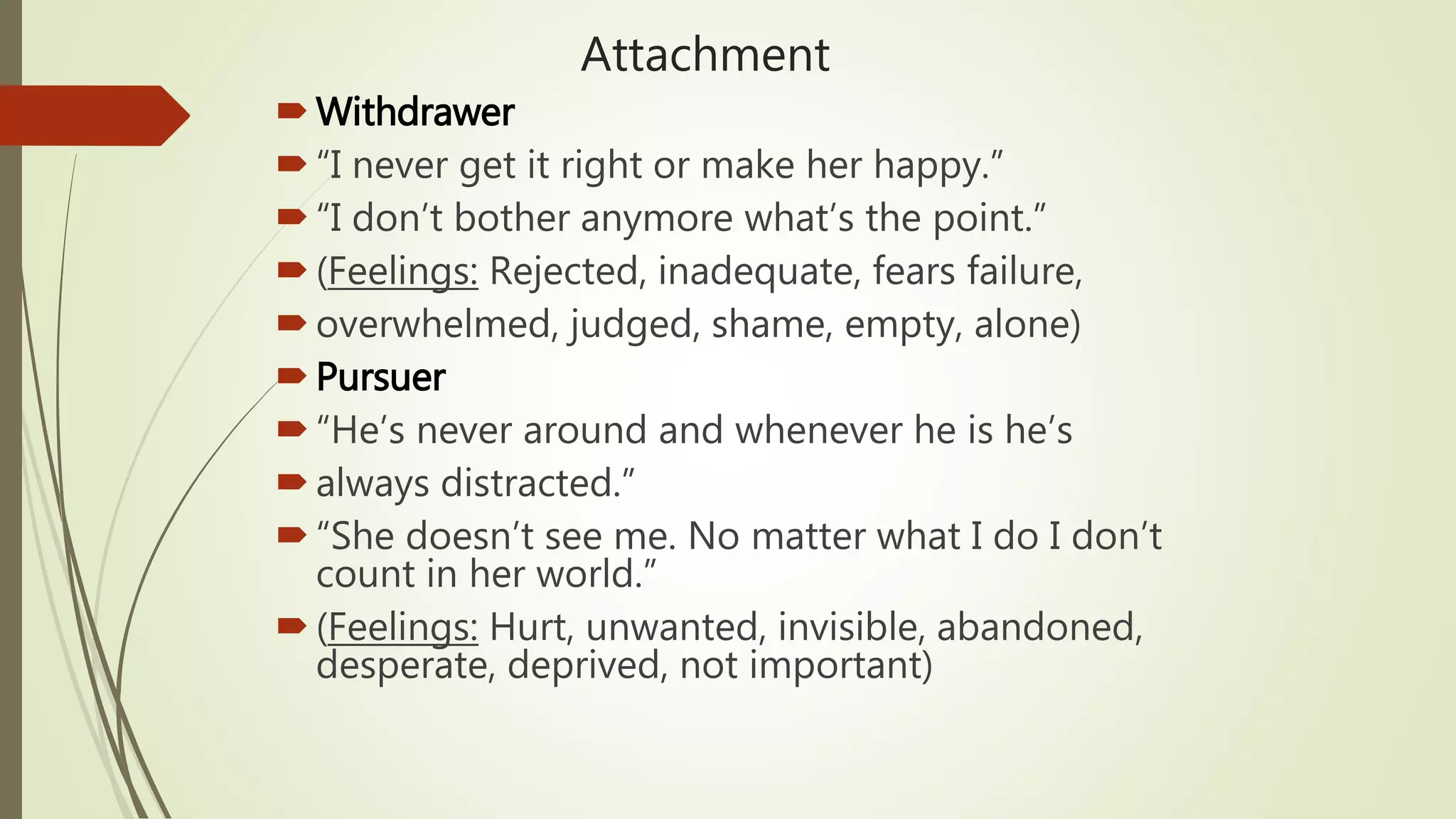 Attachment
Withdrawer
“I never get it right or make her happy.”
“I don’t bother anymore what’s the point.”
(Feelings: Rejected, inadequate, fears failure,
overwhelmed, judged, shame, empty, alone)
Pursuer
“He’s never around and whenever he is he’s
always distracted.”
“She doesn’t see me. No matter what I do I don’t
count in her world.”
(Feelings: Hurt, unwanted, invisible, abandoned,
desperate, deprived, not important)
 