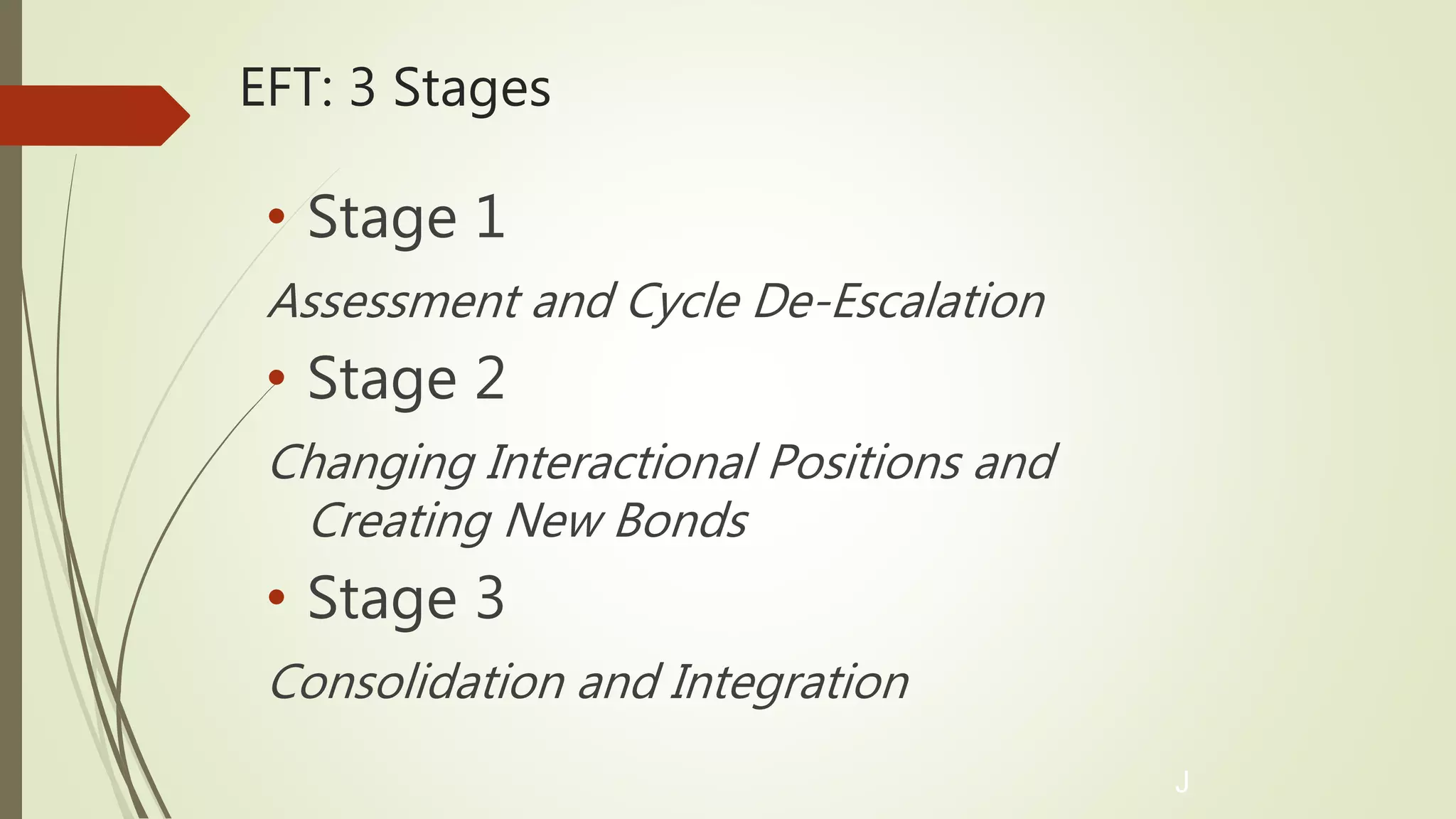 EFT: 3 Stages
• Stage 1
Assessment and Cycle De-Escalation
• Stage 2
Changing Interactional Positions and
Creating New Bonds
• Stage 3
Consolidation and Integration
J
 