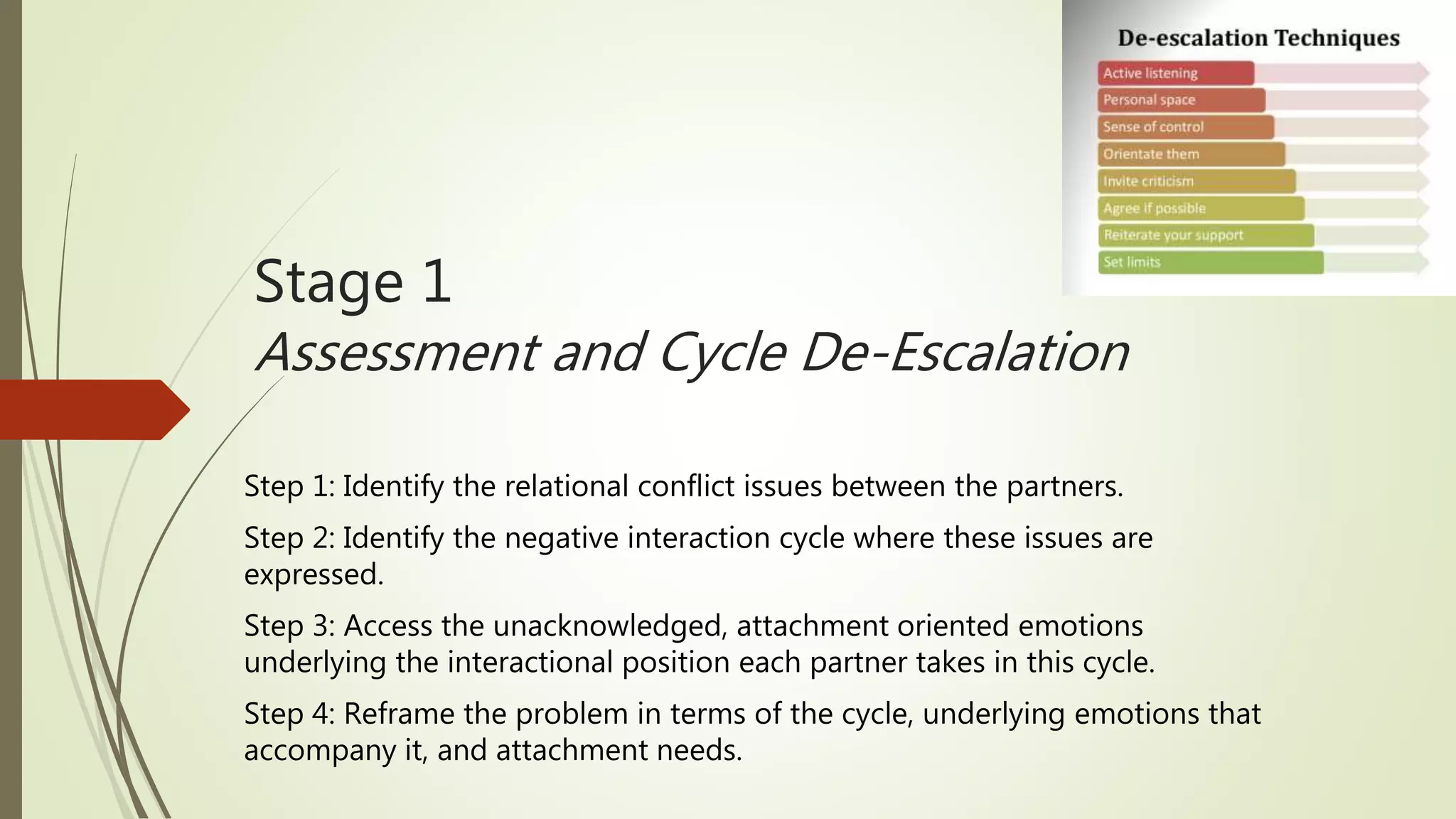 Stage 1
Assessment and Cycle De-Escalation
Step 1: Identify the relational conflict issues between the partners.
Step 2: Identify the negative interaction cycle where these issues are
expressed.
Step 3: Access the unacknowledged, attachment oriented emotions
underlying the interactional position each partner takes in this cycle.
Step 4: Reframe the problem in terms of the cycle, underlying emotions that
accompany it, and attachment needs.
 