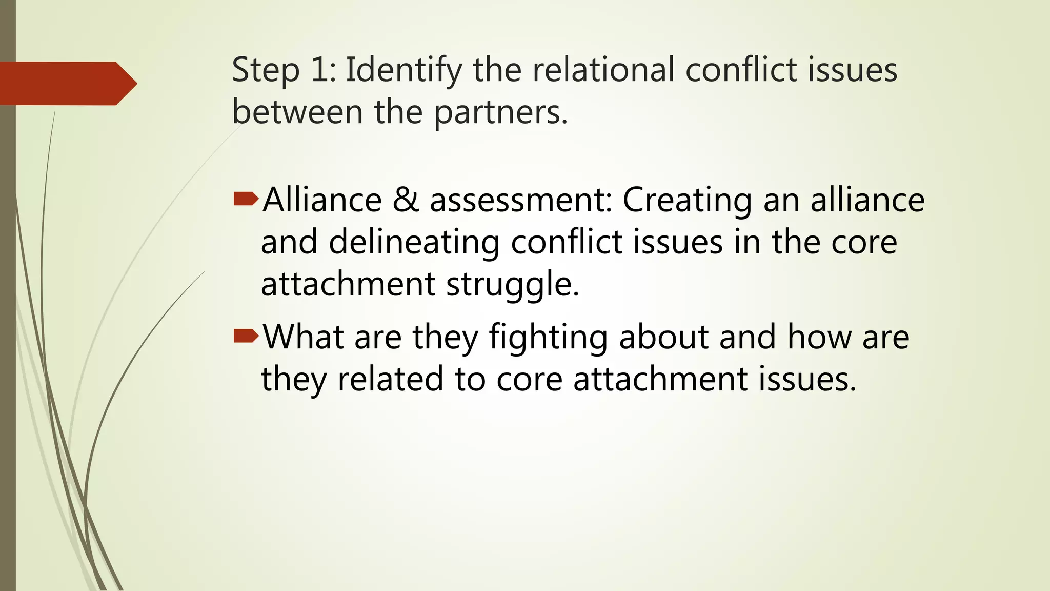 Step 1: Identify the relational conflict issues
between the partners.
Alliance & assessment: Creating an alliance
and delineating conflict issues in the core
attachment struggle.
What are they fighting about and how are
they related to core attachment issues.
 