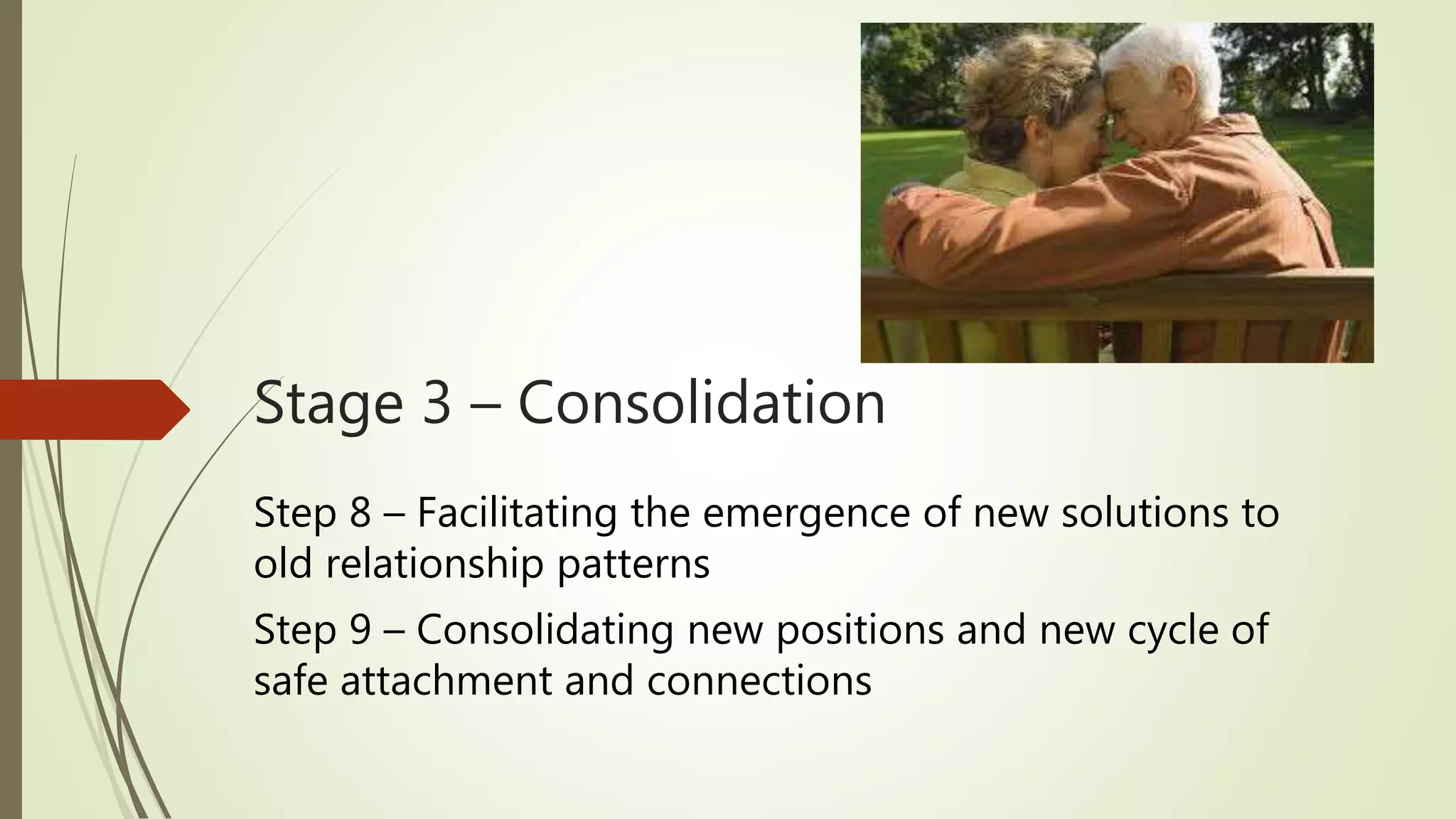 Stage 3 – Consolidation
Step 8 – Facilitating the emergence of new solutions to
old relationship patterns
Step 9 – Consolidating new positions and new cycle of
safe attachment and connections
 